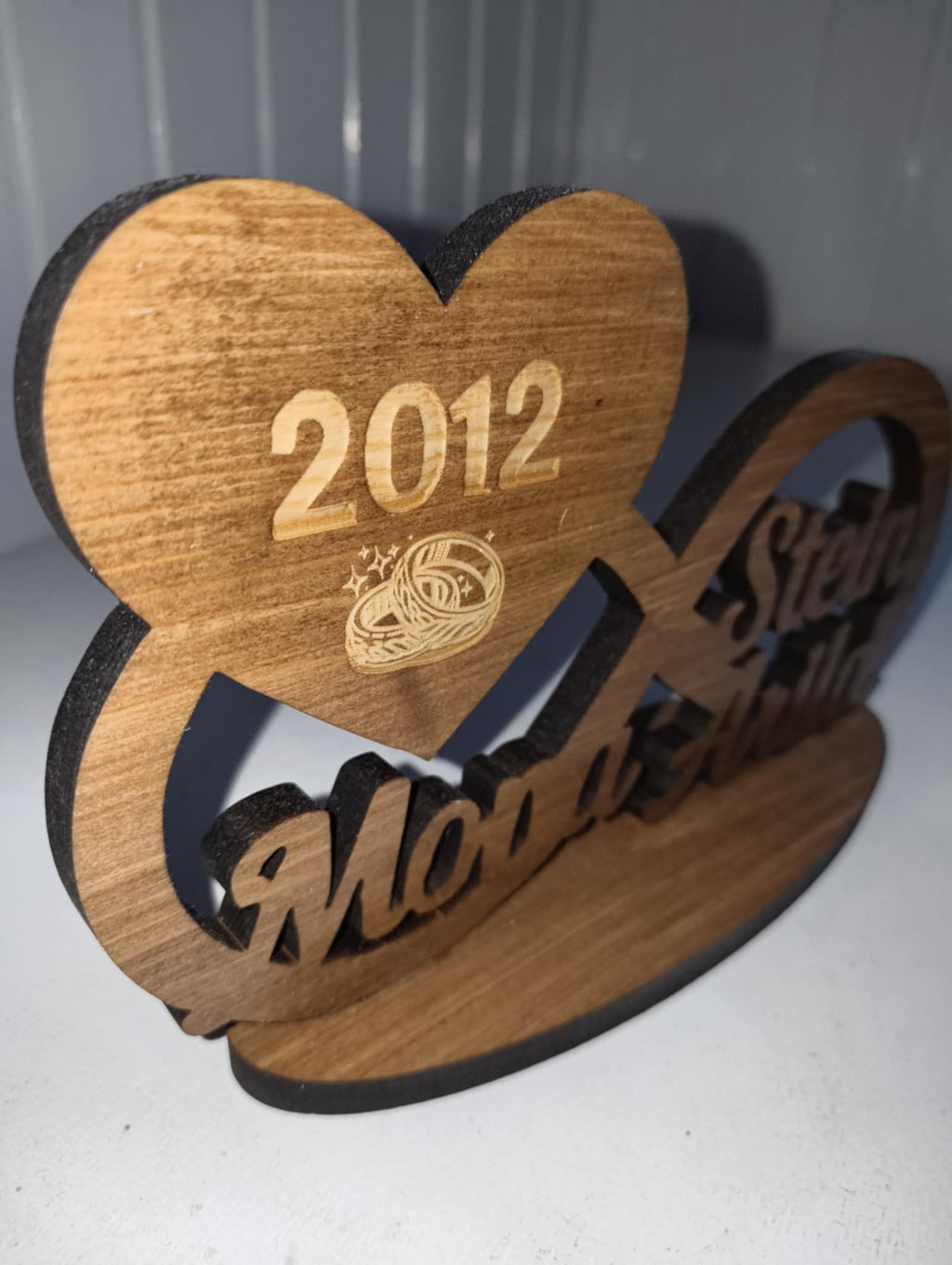 Utskåret evighetstegn med navn og årstall